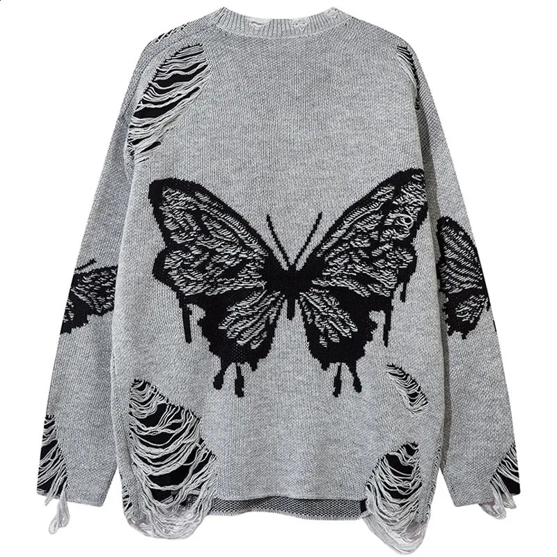 Vintage Oversized Sweater Y2K Grunge Ripped Hole Knitted Butterfly Punk Gothic Jumpers Streetwear Hip Hop Long Sleeve Sweaters 240821