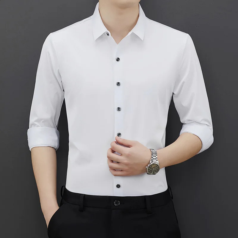 Spring and summer wrinkle-free four-sided elastic mens shirt long sleeve formal business casual silk wear free iron 240822