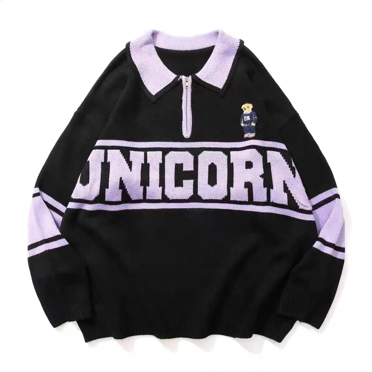 Y2k cartoon bear letter embroidered polo sweater suitable for autumn and winter loose retro half zipper knitted fabric 240821