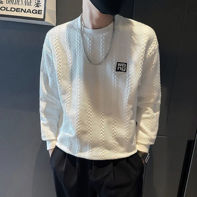 Mens Spring Autumn Fashion Simple Solid Color Pullover Round Neck Letter Casual Versatile Long Sleeve Loose Sweater Knit Tops 240821