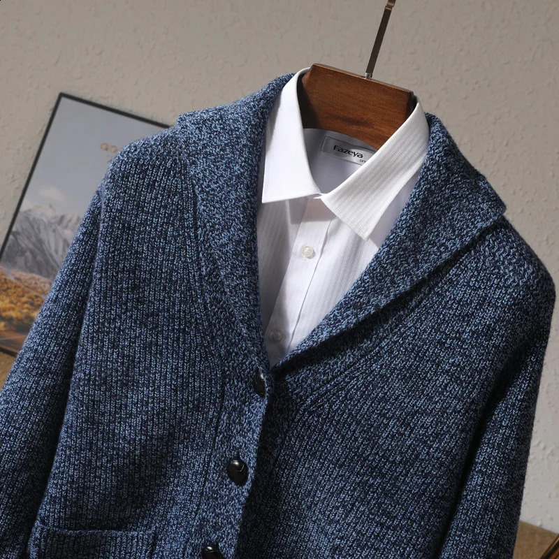 Autumn and winter 100% pure cashmere knit cardigan mens anti-collar solid color padded sweater with business and leisure co 240821