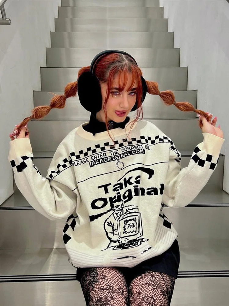 Womens sweater ultrafine Y2k aesthetic top knitted zipper skydiving graphic winter street clothing Korean fashion long sleeved 240821