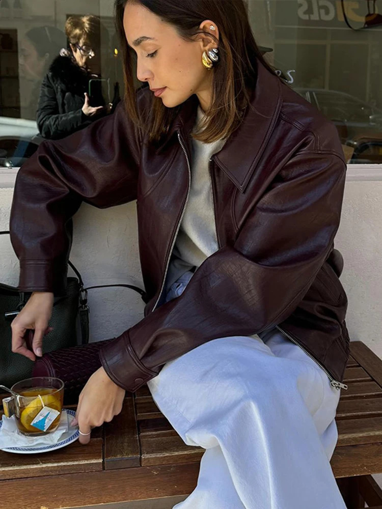 Vintage Wine Red PU Leather Jacket for Women Casual Long Sleeve Turn Down Collar Coat Autumn Long Sleeve Zipper Jackets 240821