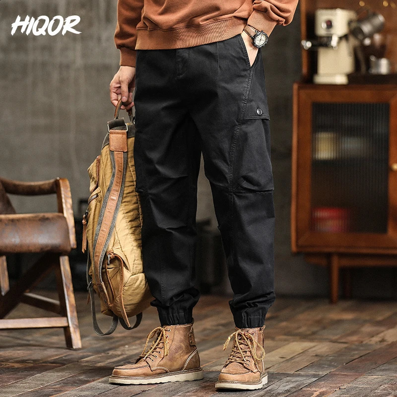 HIQOR Mens Clothing Large Pocket Loose Overalls Men Outdoor Sports Joggers Man Cargo Pants Cotton Casual Baggy Streetwear Male 240822