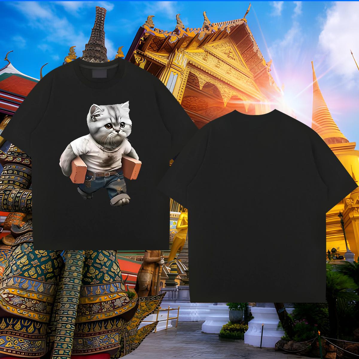 Cool T Shirts Men cat Breathable Short Sleeve Sport Black Oversized 230g Cotton Men Tops Tees Wholesale Tee Shirt