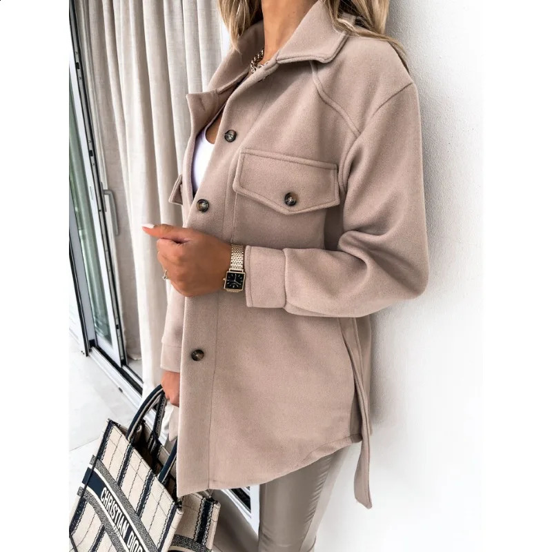 Autumn Winter Womens Lapel Single Breasted Thicken Solid Shirt Woolen Loose Coat Commuting Woman Fashion Long Sleeved Jacket 240822