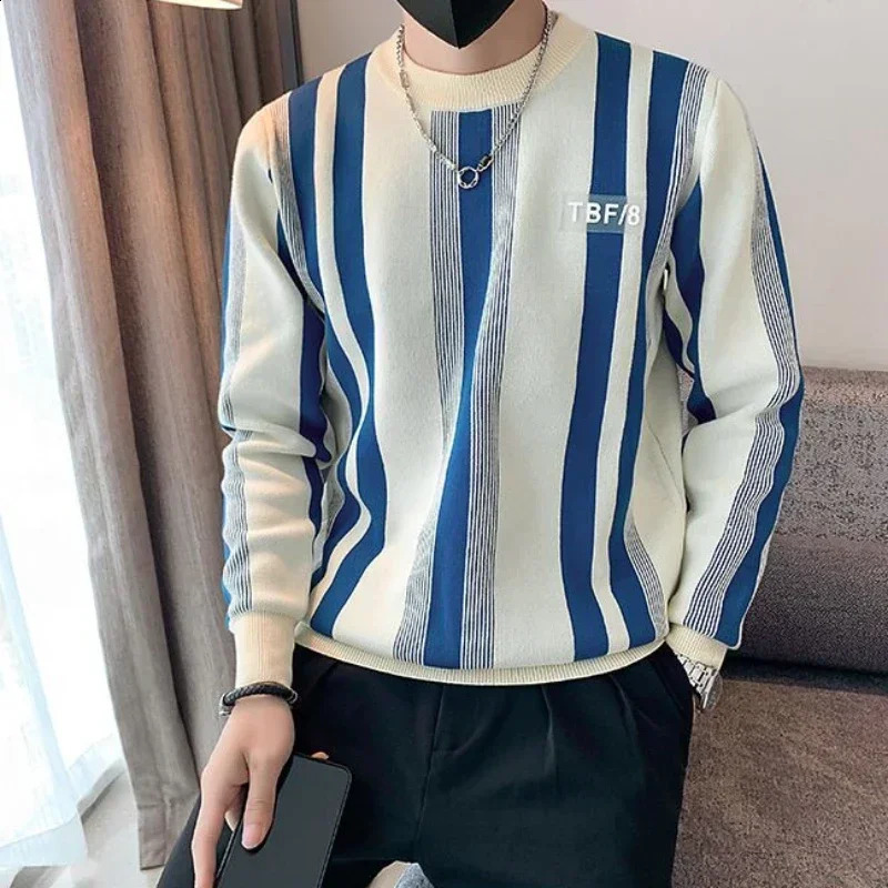 Mens Hoodless Striped Knitted Sweater Pulleys Logo n y Fun Korea Autumn A T 240821