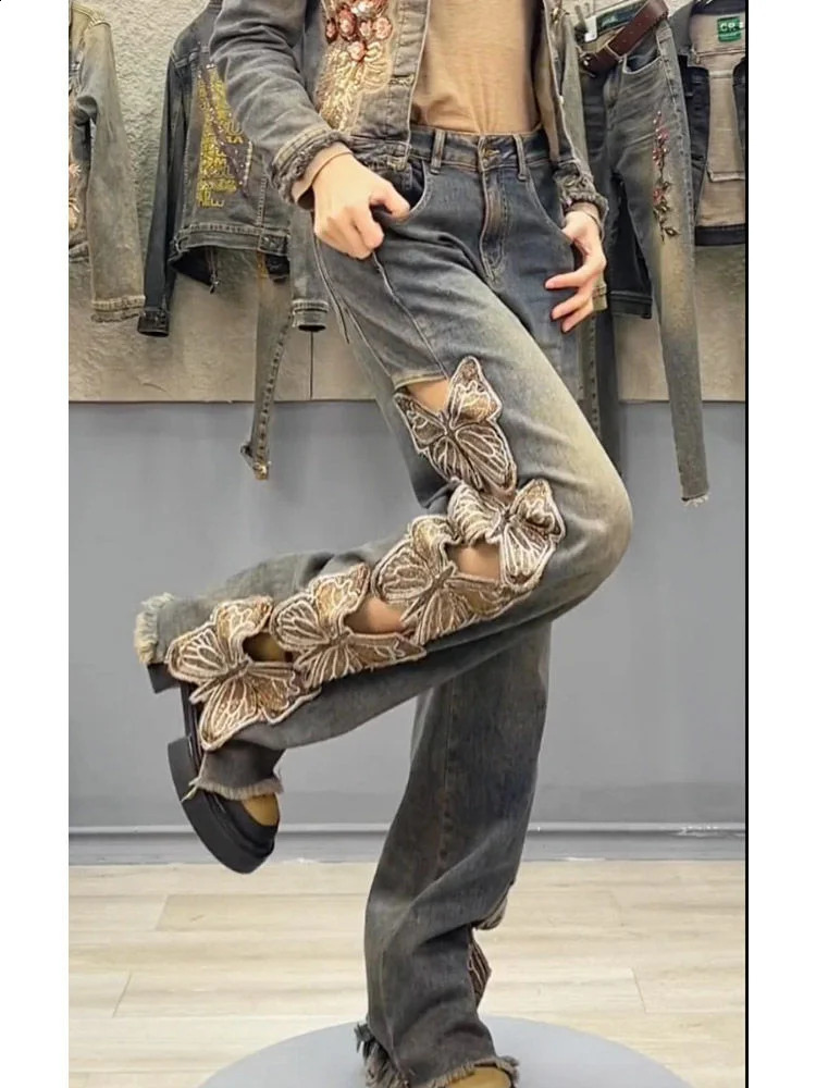 Summer Y2K Strtwear Harajuku Butterfly Decoration Denim Pants Womens High Waist Embroidery Loose Straight Hole Ripped Jeans Z260313