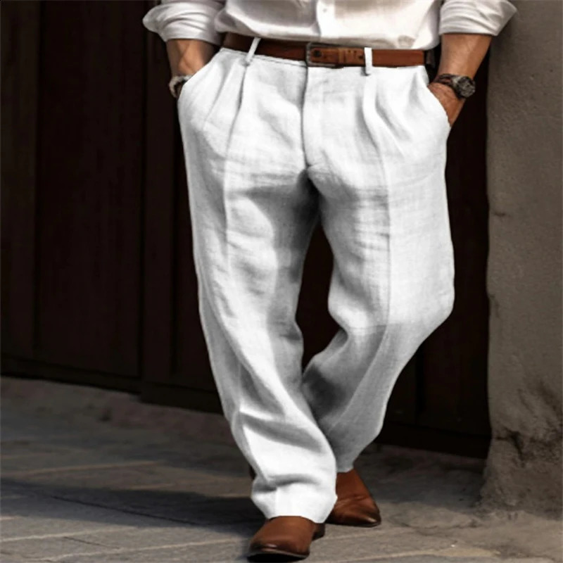 Mens Linen Pleated Pants Front Pockets Straight Cotton Blend Long Trousers Spring Summer Holiday Fashion Loose Pant Oversized 240822