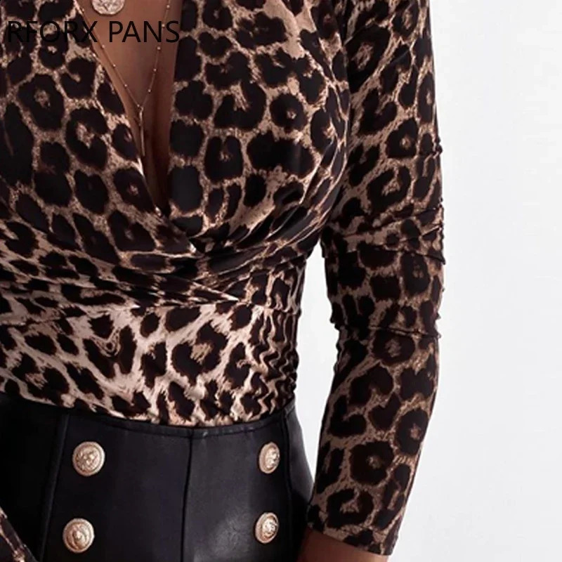 Womens Cheetah Printed Vneck Long sleeved Top and Shirt 240822