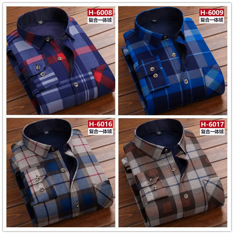 Autumn Winter Men Fleece Shirt Fashion Plaid Thick Keep Warm Shirt Male Print Long Sleeve Business Big size Shirt L-6XL 240822