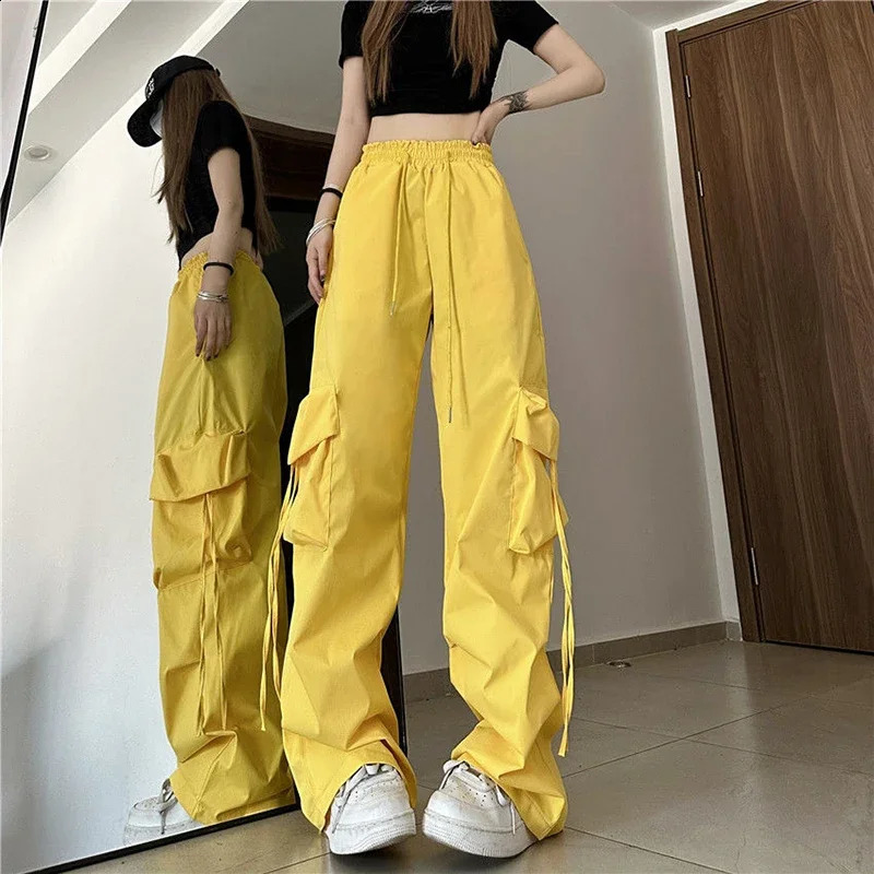 Hip Hop Cargo Pants Women Jazz Black Big Pockets Streetwear Trousers High Waisted Solid Fashion Harajuku Y2K Wide-Legged Pants 240821