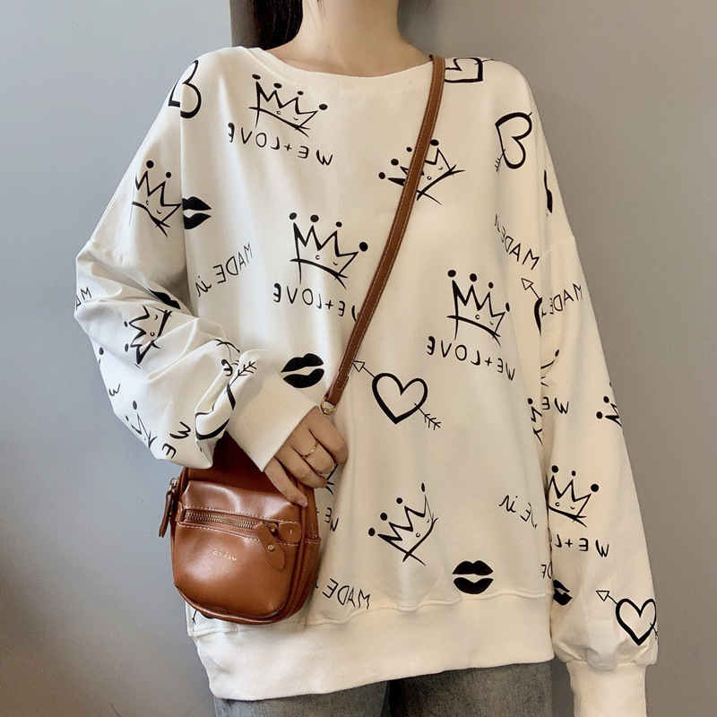 Front and back graffiti printed long sleeved hoodie for women, autumn new Korean version casual loose thin student top trend dongdumaoyi