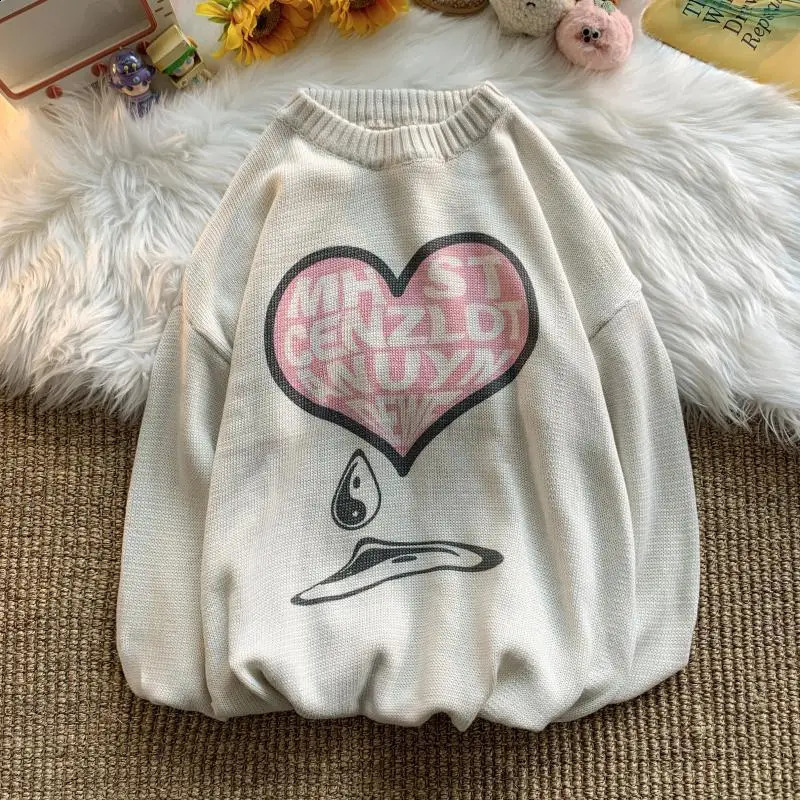 Love Letter Printing Sweater Mens Autumn Trend Loose Coat Student Couple Versatile Knitwear 240821