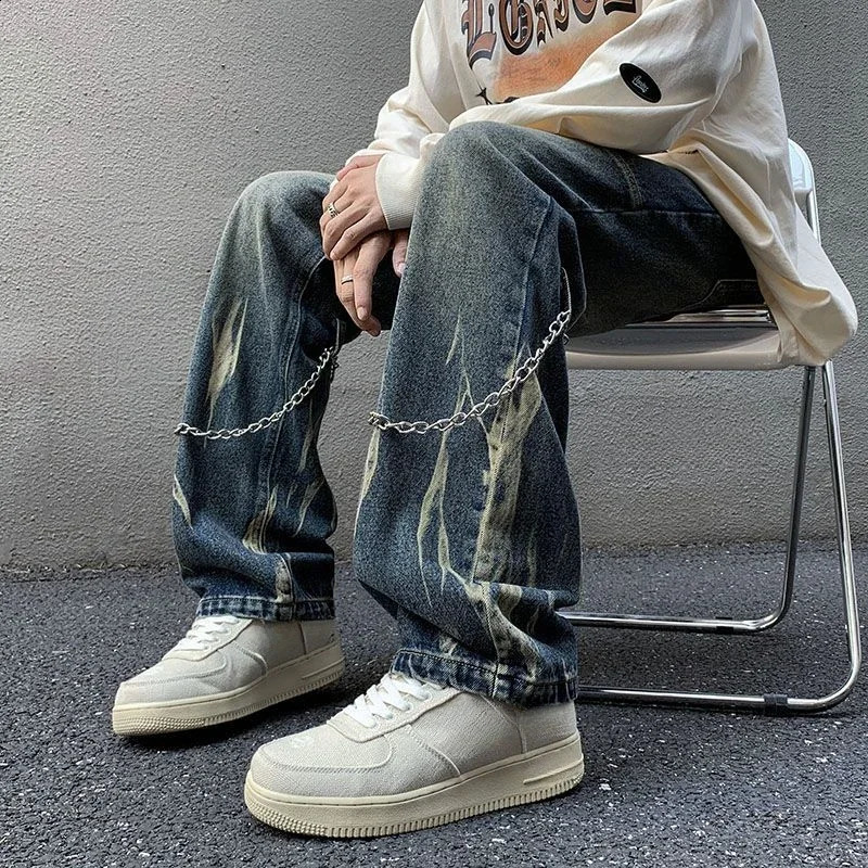 Jeans for Men Punk Straight Hip Hop Black Male Cowboy Pants with Pockets Trousers Denim Loose Cotton Fashion Plus Size Xs 240821