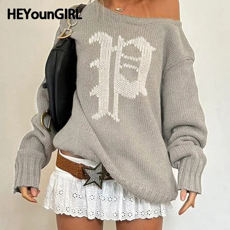 HEYounMIRL Womens Slophy Fit Y2K Sweater Letter Printing Autumn Long Sleeve Khaki Knitted Pullover Casual Loose 240821