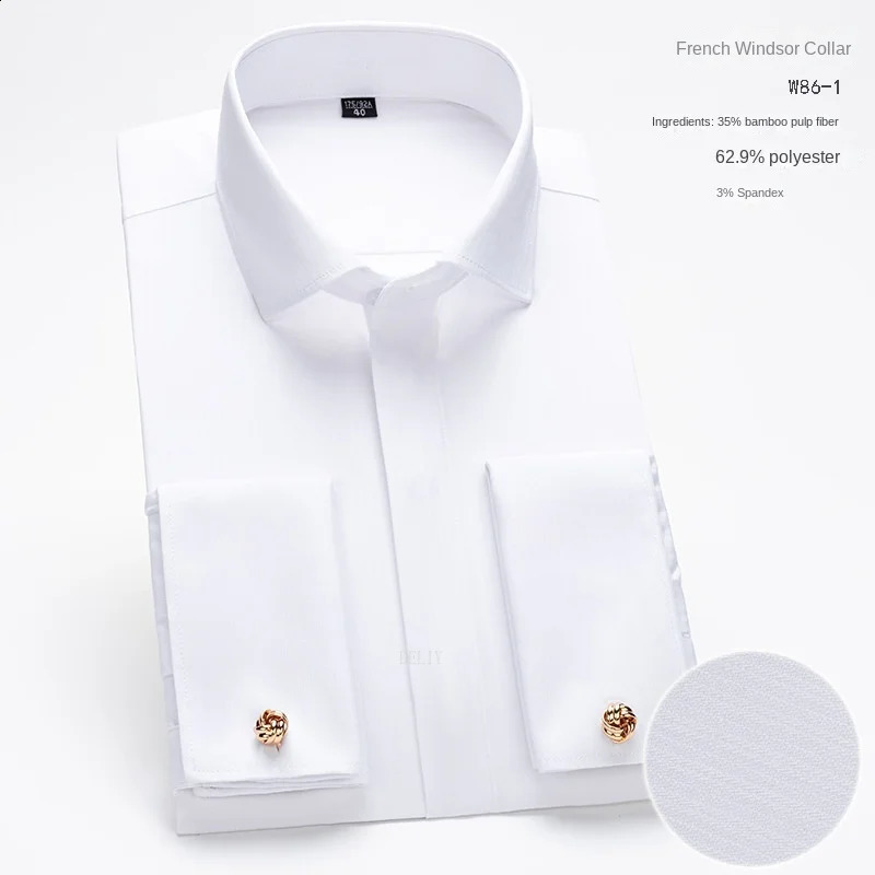 Mens Long-sleeved Shirt Mens High-grade Niche Chic Double Folded Sleeve Windsor Collar Retro Business Dress French Cuffli 240822