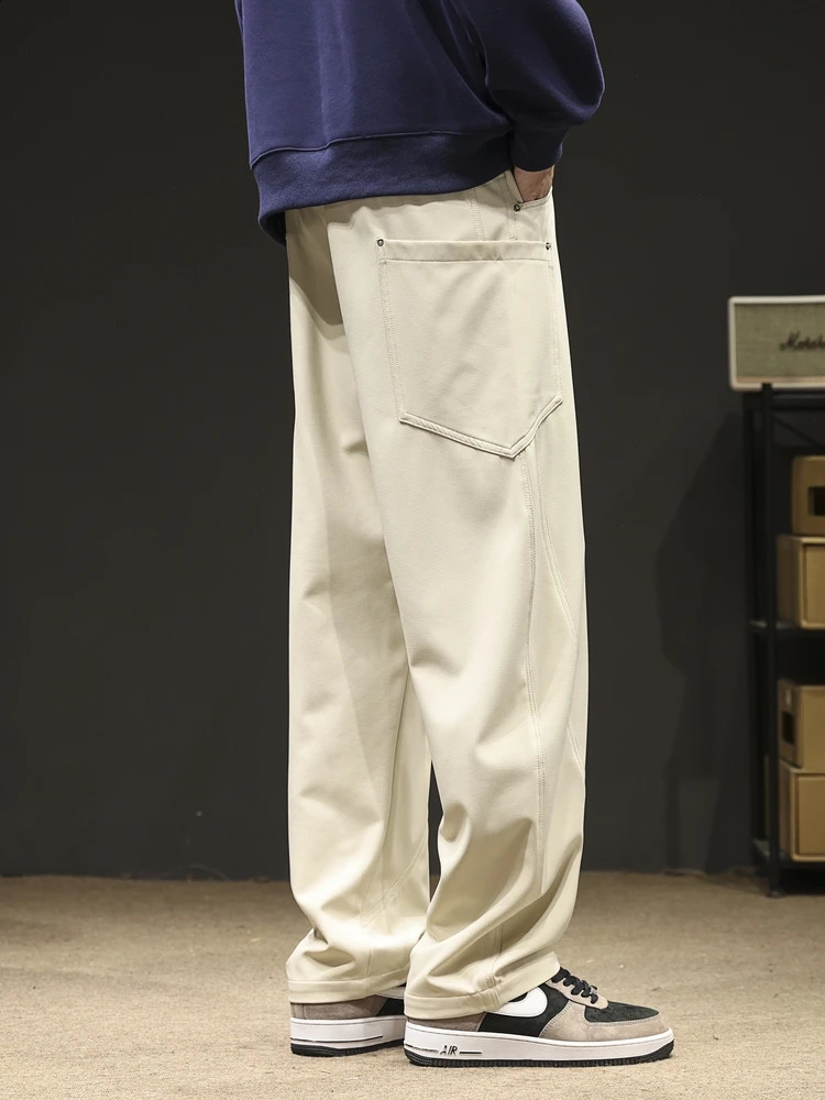 Spring/Autumn Mens Sports Pants with Multiple Pockets Wide Legs Casual Freight Pants String with Loose Straight Pants 240828