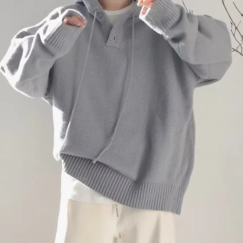 Vintage Casual Mens Hooded Sweater Half-zipped Up Loose-fit Idle Style Knitted Top American Style Thin For Autumn Winter 240821