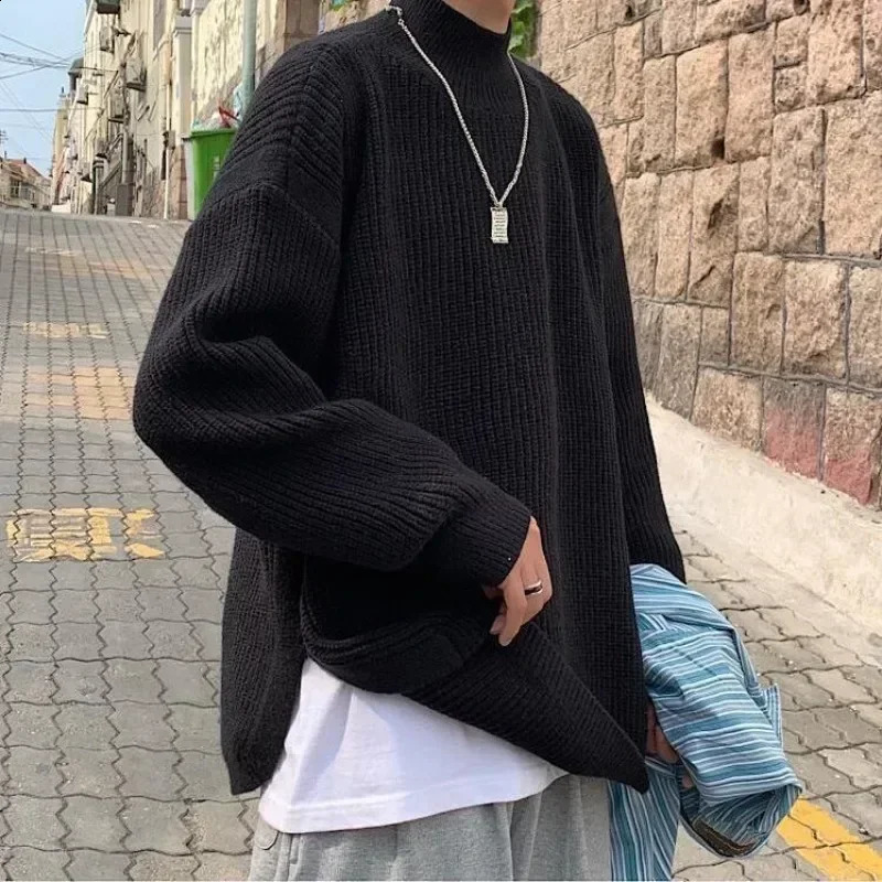 Man Clothes Turtleneck Knitted Sweaters for Men Half Collar Pullovers Black Solid Color Plain Selling Products X A Old 240821