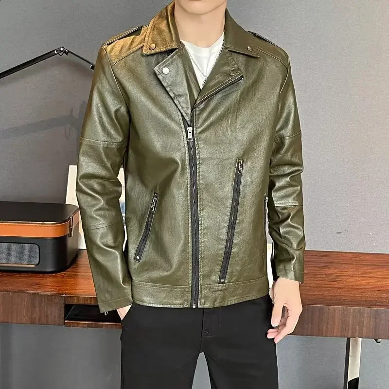 American Style Vintage Motorcycle Jacket Pu Leather For Men Trendy Casual Cropped Lapel Blazer Loose Fit Casual Scene 240822