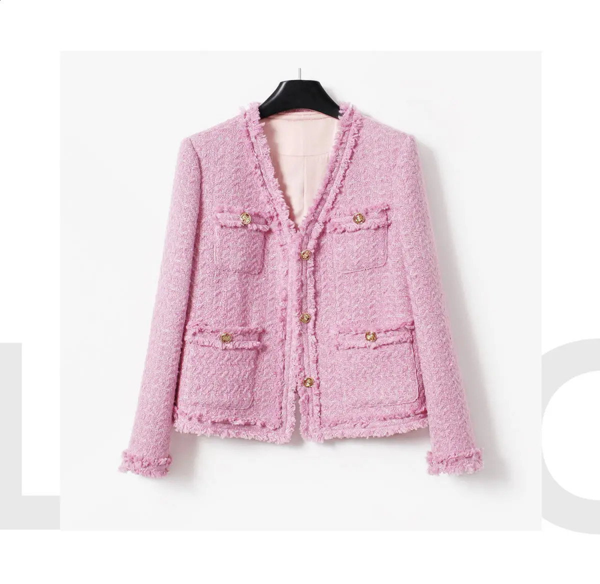 Fashion Korean Tweed Pink Jacket For Women Autumn Winter Vintage Long SleeveHigh Quality Coat Female Cloth Outwear Tops 240821