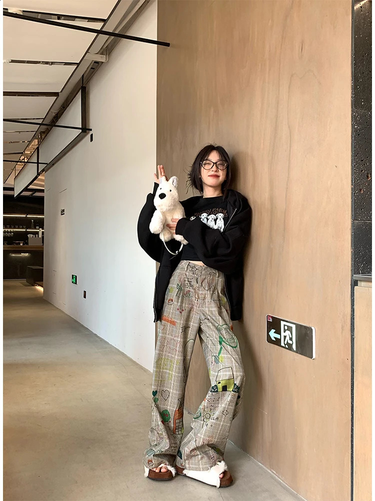 Womens Baggy Y2k Plaid Pants Streetwear Graphic Print Pants Vintage Harajuku High Waist Wide Leg Trousers Fashion Clothes 240821