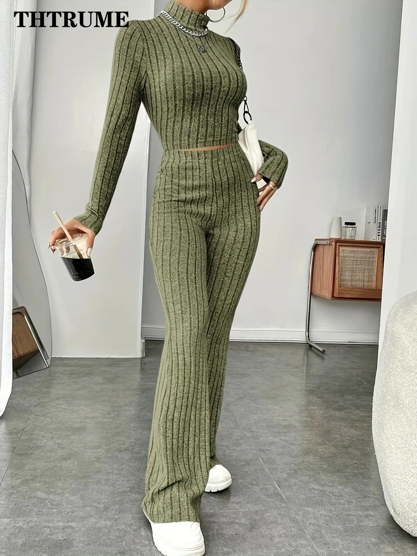 Women Fashion Solid Color Streetwear Autumn Winter Elegant Round Neck Tops Loose Pants Suit Casual Holiday Sport Two Piece Sets 240813