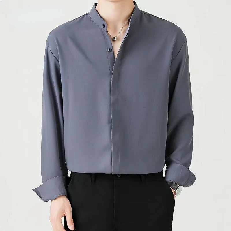 High Quality Korean Fashion Stand Collar Shirt Men Long Sleeve Solid Color Business Casual Loose Simple Shirts for Men 240822