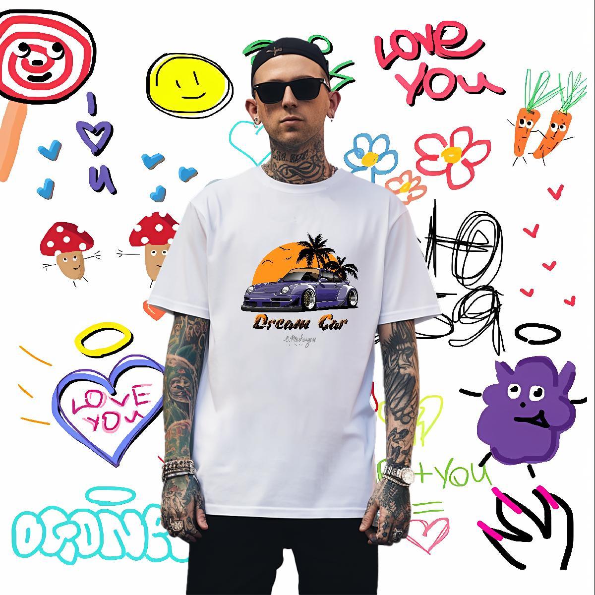 Classic car T shirt Hip Hop Men Clothes T-Shirt 100% Cotton 230g New Designer Pure Cotton Cartoon Printing L-4XL Tops