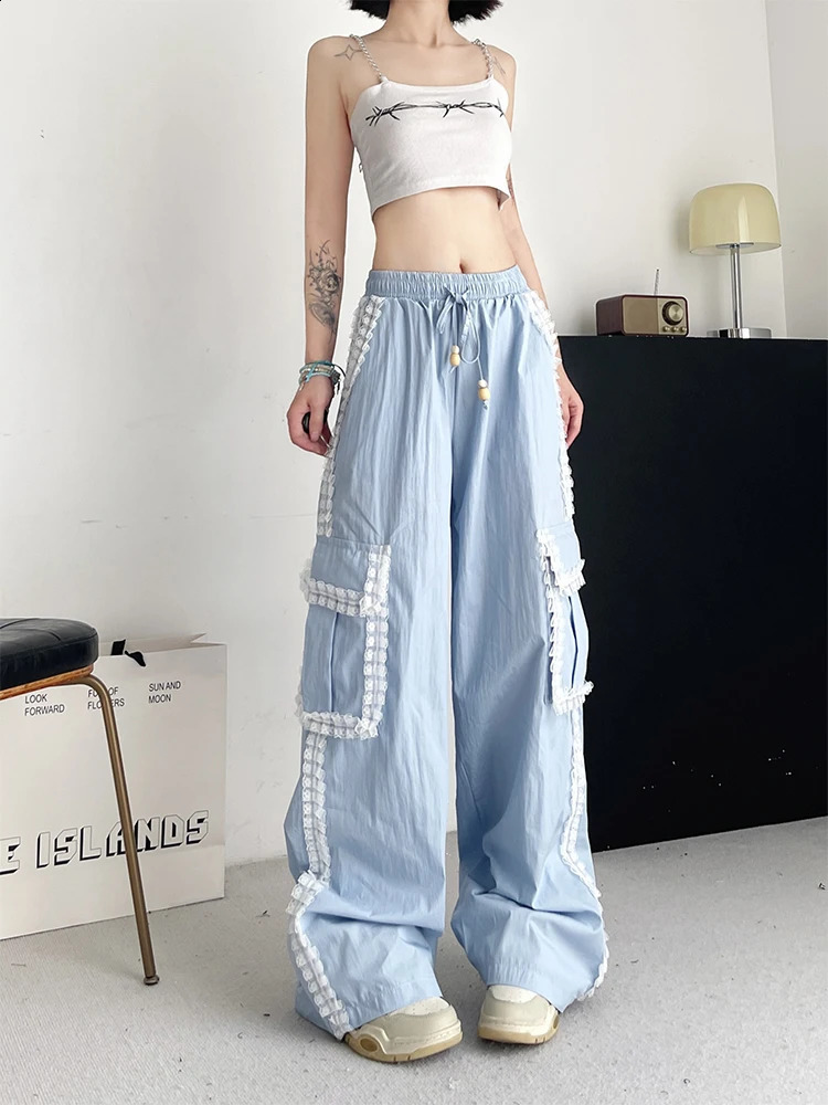 Womens Blue Cargo Pants Baggy Streetwear Harajuku Japanese 2000s Style Y2k Lace Parachute Pants Vintage Trousers Clothes 240821