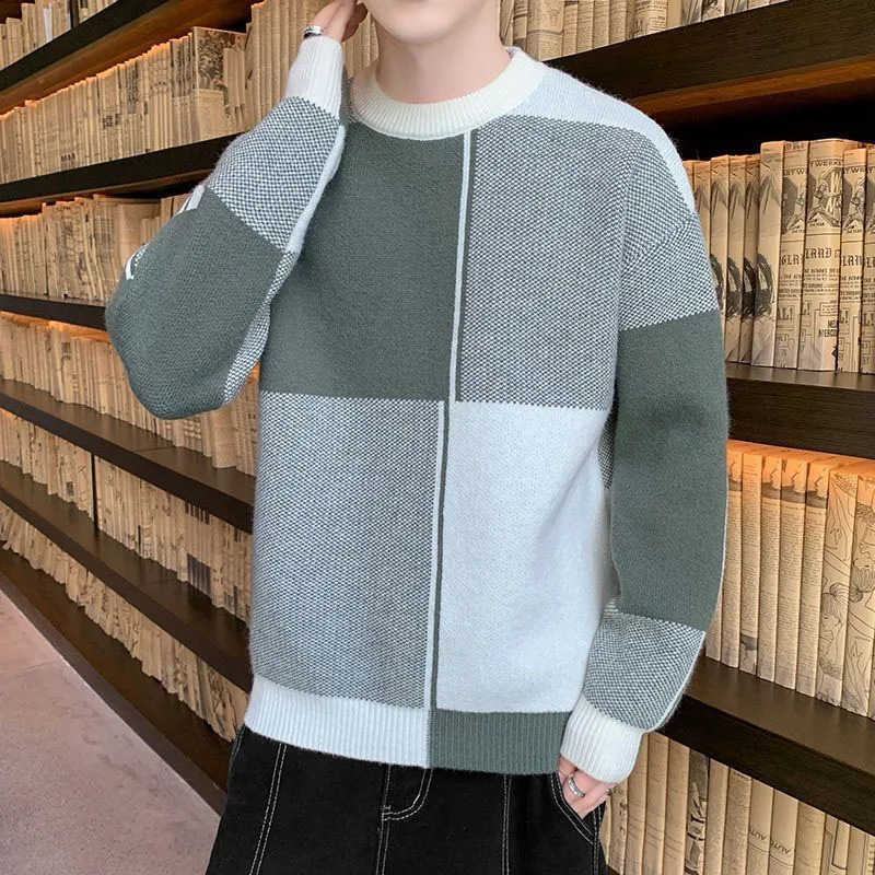 Autumn and Winter Fashion Youth Thickened Round Neck Versatile Contrast Color Long Sleeve Knitted Mens Thread Shirt 240821