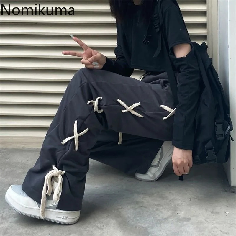 Black Y2k Wide Leg Pants Women Streetwear Bandage Casual Pantalon Femme Bottoms High Waist Straight Korean Harajuku Trousers 240821