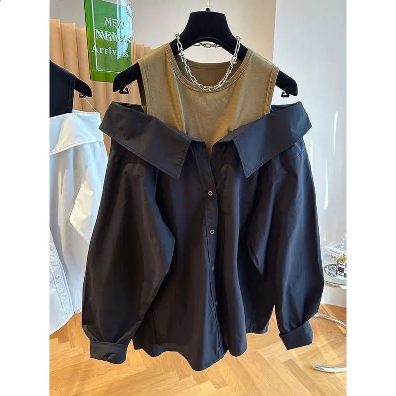 Off the Shoulder Blouse Slim and Loose Tank Top Spliced Long Sleeve Shirts Autumn Round Neck Fashion Shirt 240821