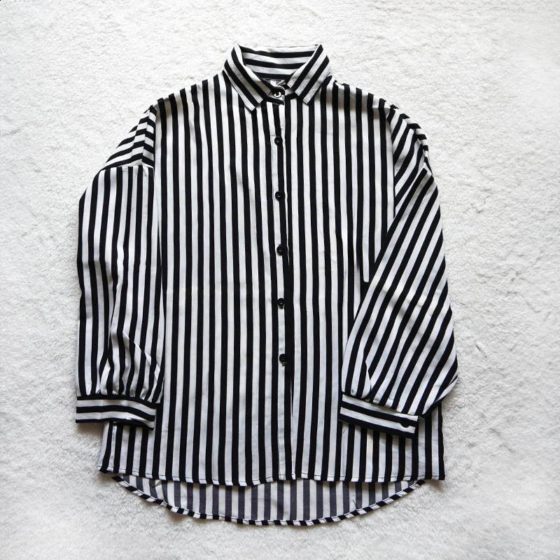 Women Shirt Black and White Striped Button Down Long Sleeve Oversize Boyfriend Blouse Tops Female Basic Outfit 240821