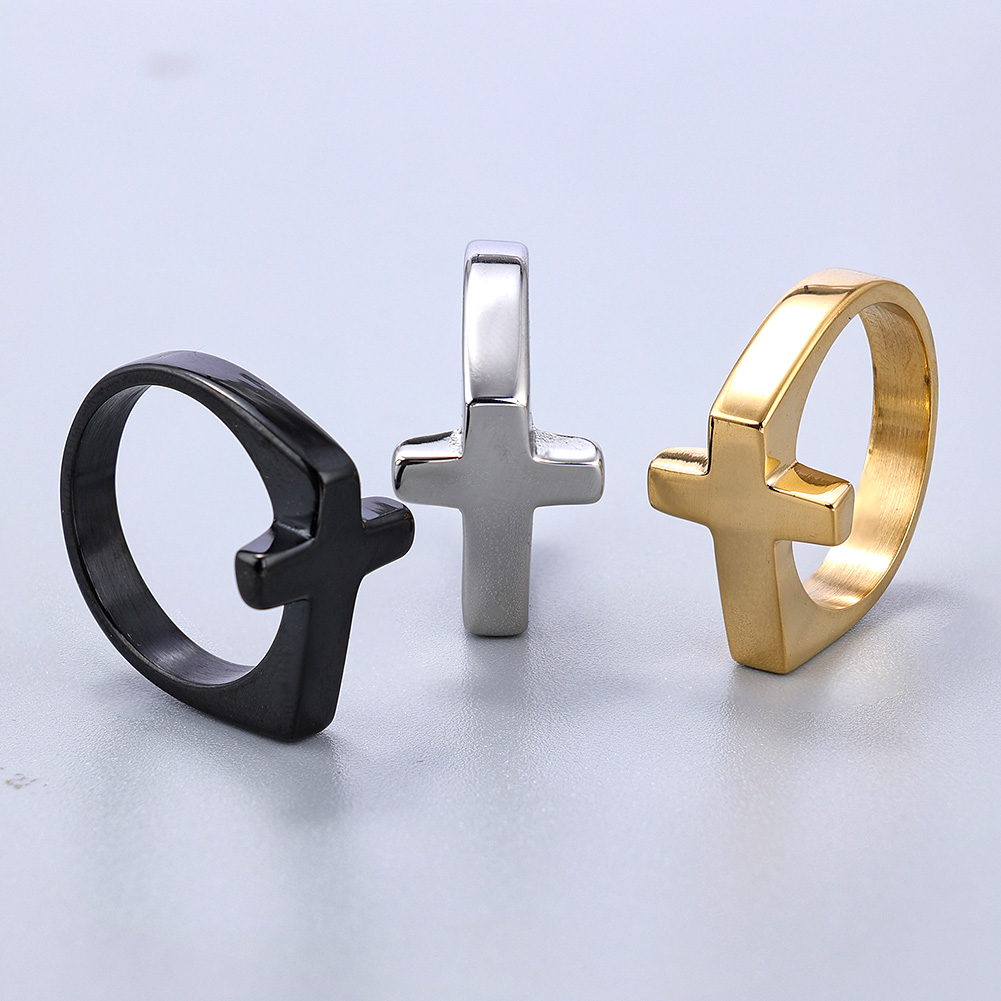 #7-#15 Classic Shiny Cross Ring Titanium Steel High Polished Women Mens Jewelry