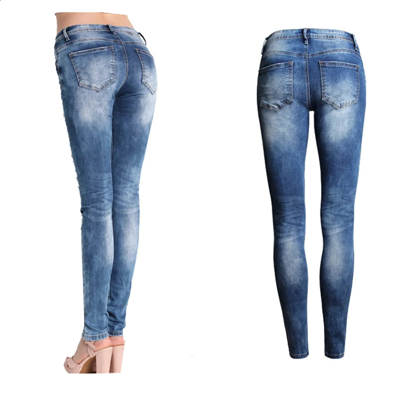 Blue Slim Ripped for Women Skinny Distressed Washed Stretch Denim Mom Jeans High Waist Pants Femme Bleached Z260313