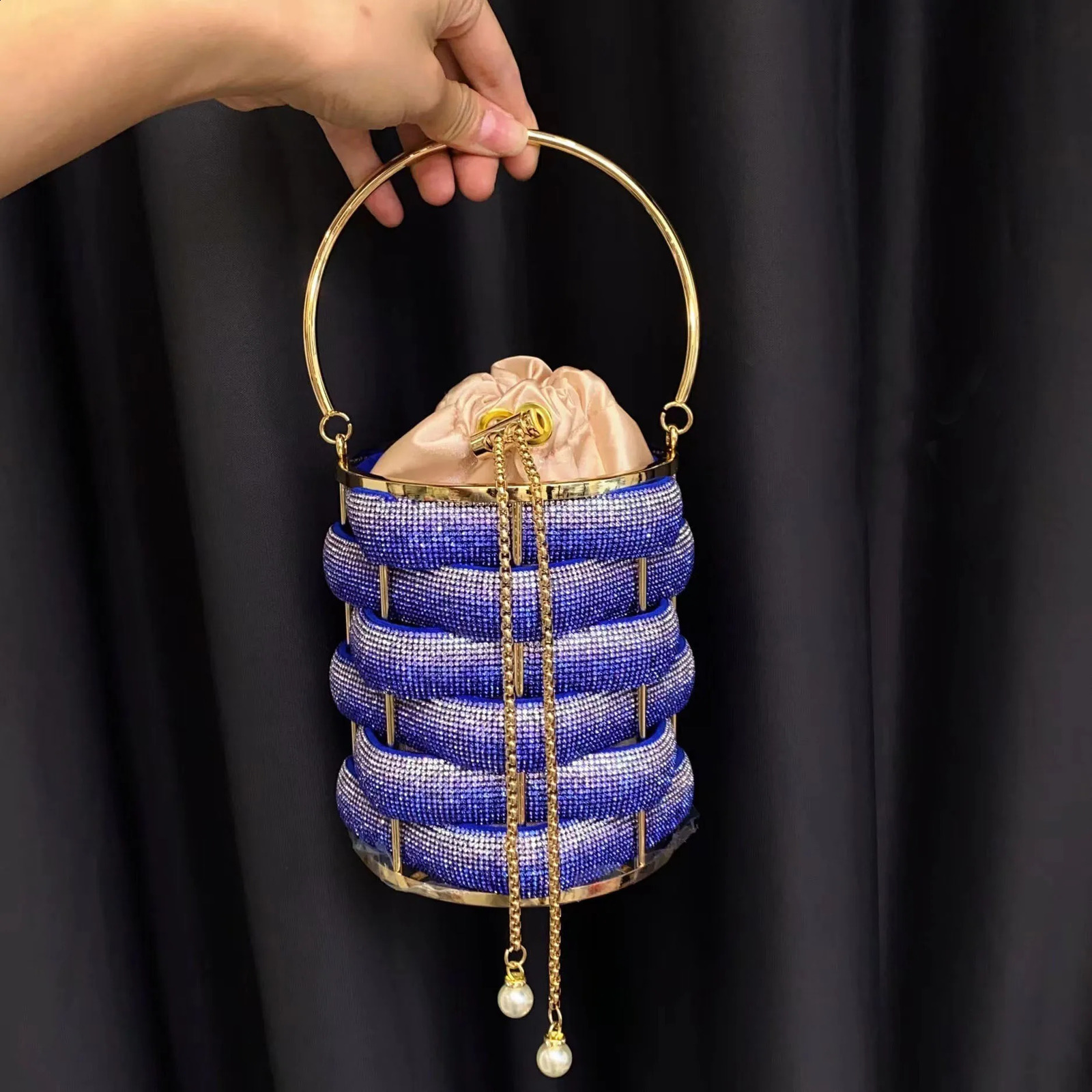 Fashion gold metal diamond bucket promotion womens evening bag Crsosbody handbag matching dress small 240821