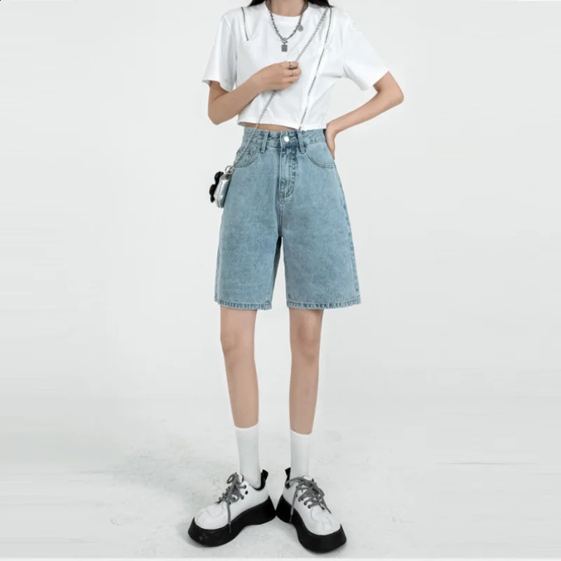 Retro Denim Shorts for Women Summer High Waist Five-point Pants Loose Straight A-line Half Pants Korean Style Clothing 240821