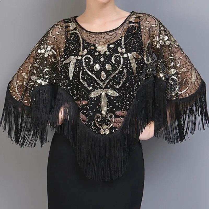 Summer Sequins Tassels womens coat party set Cape Mesh jacket womens cape shawl Casaco coat wrapped womens clothing 240822