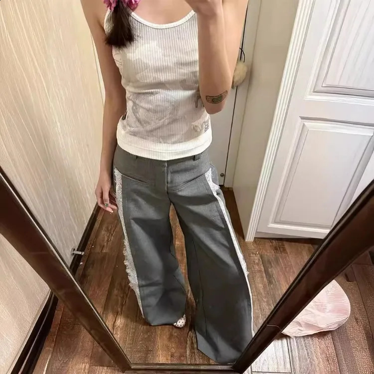 American Retro Sweet Gray Pants for Women Autumn Lace Patchwork Trousers Y2k High Waist Loose Wide Leg Pants 240821