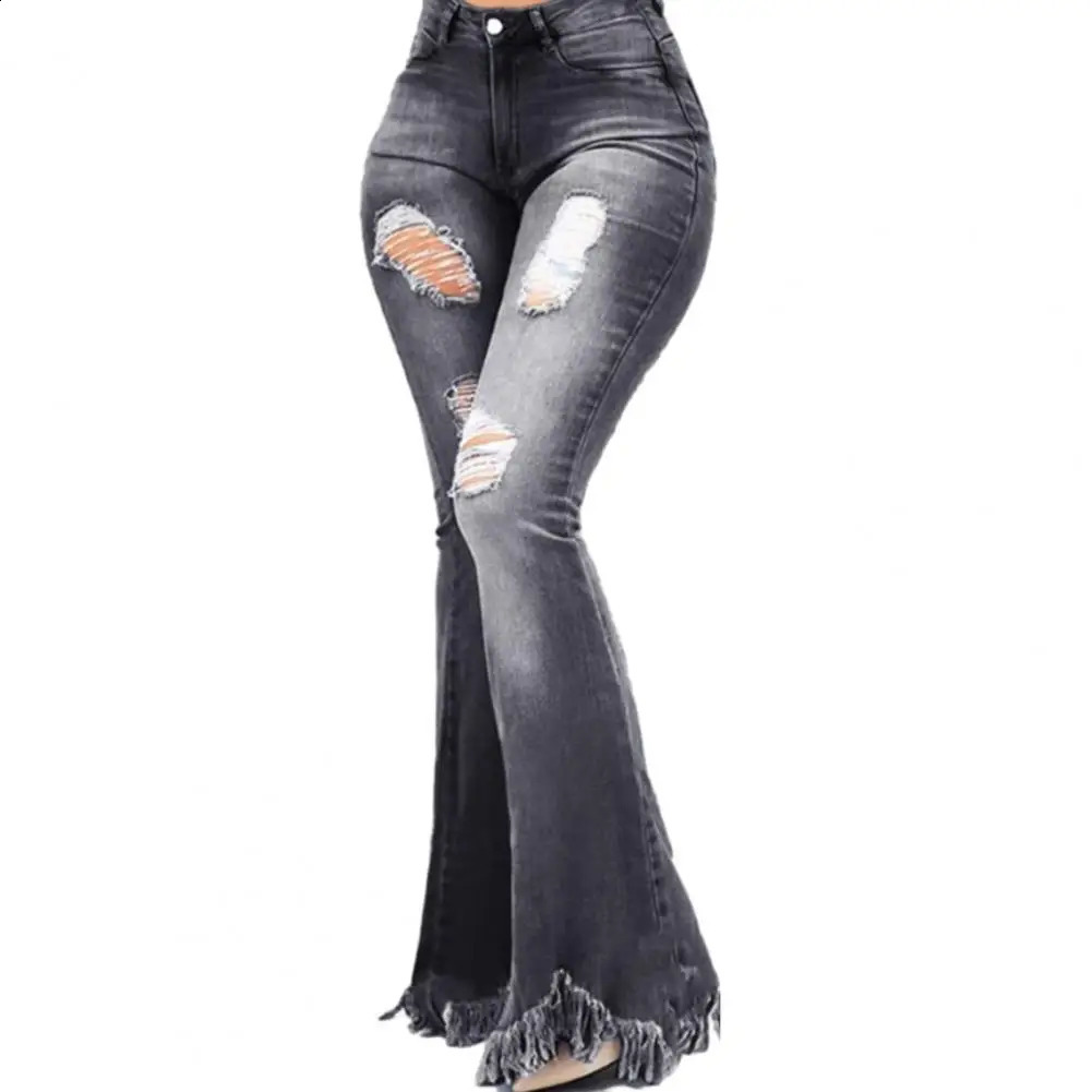 Denim Flared Women Pants High Waist Zipper Ripped Holes Tassel Cuffs Autumn Winter Jeans Z260313