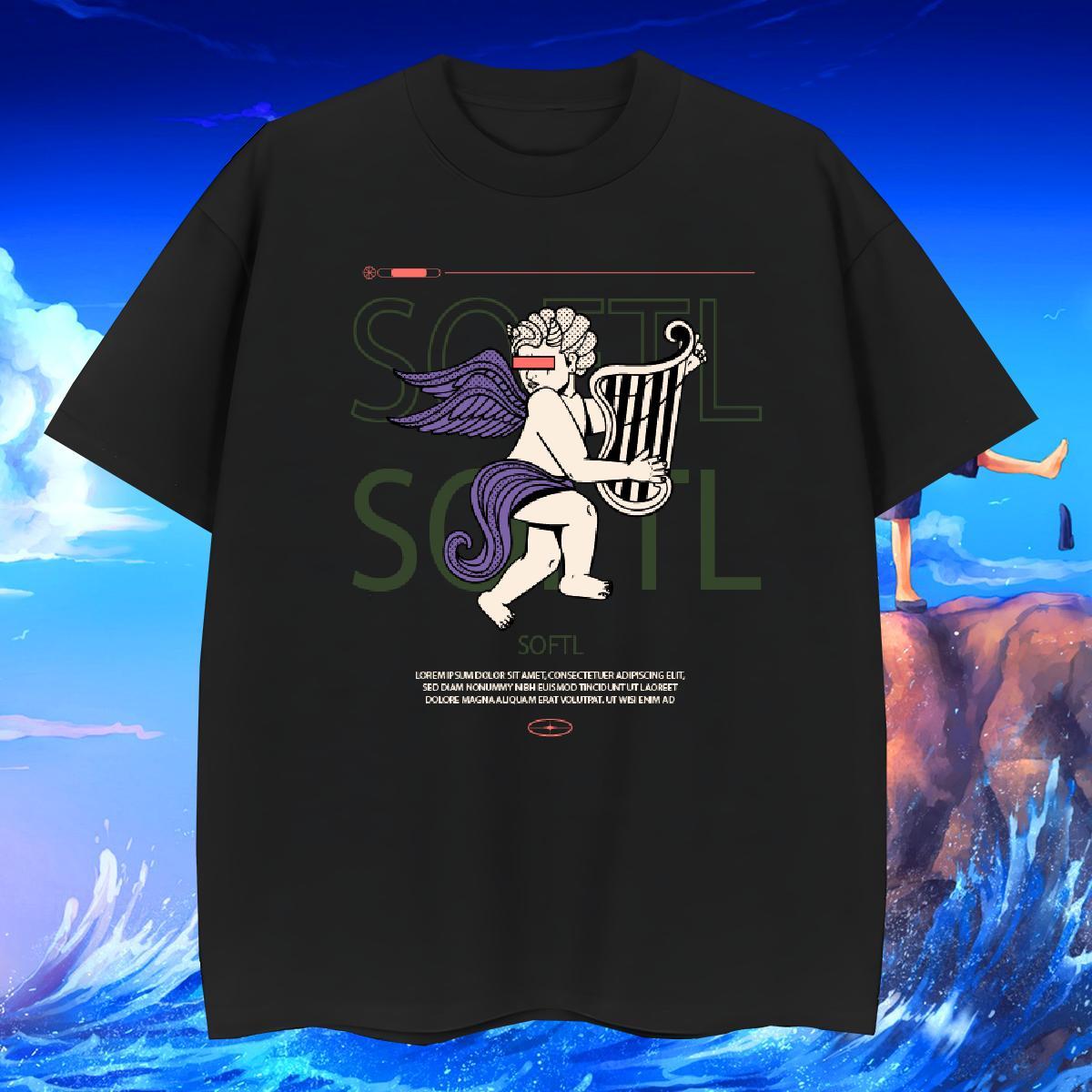 Soft Men Tshirts Hip Hop Street 100% Cotton 230g Plus Size Cartoon Short Sleeve O-Neck angel T-Shirts for Men Fashion Casual Top Tees
