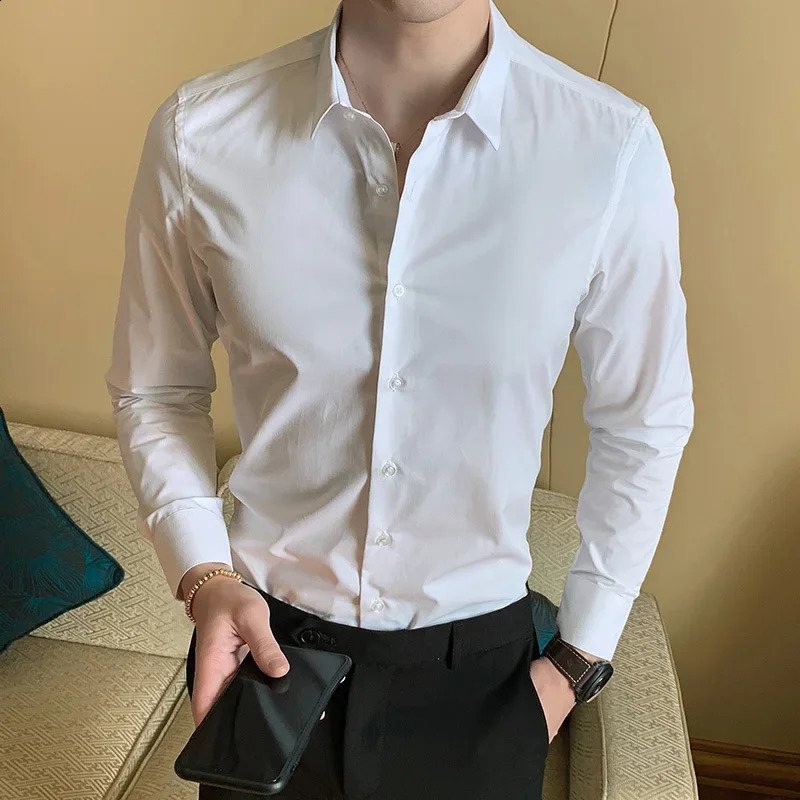Spring Autumn Men White Shirt Long-sleeved Solid Color Business Lapel Formal Shirt Male Plus Size 8XL Black Light Blue Navy 240822