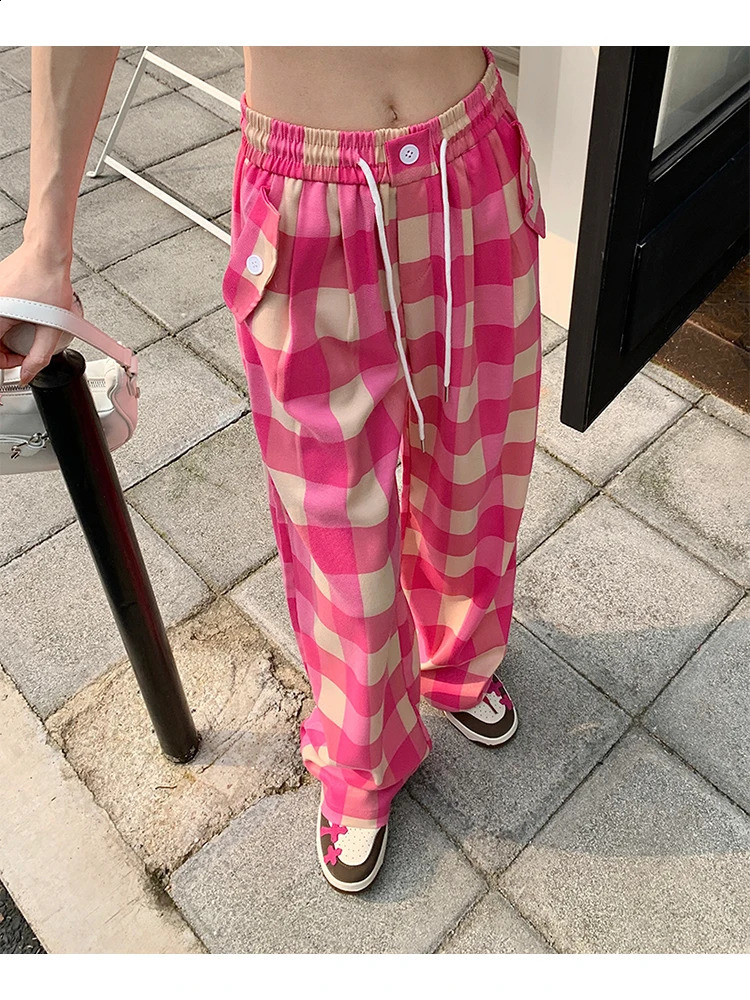 Womens Pink Plaid Pants Vintage Harajuku Y2k Aesthetic Retro Loose Pants Oversize High Waist Baggy Trousers 2000s Clothes 240821