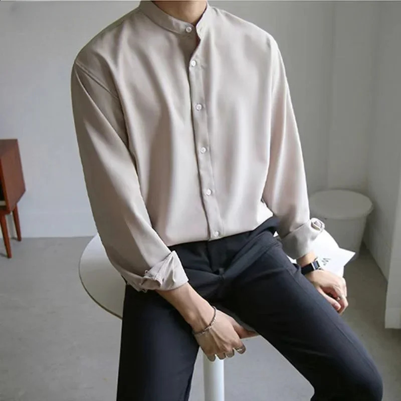 Men Spring Autumn Fashion Stand Collar Solid Shirts Men Long Sleeve Business Casual Shirts Male Loose Blouses I170 240822