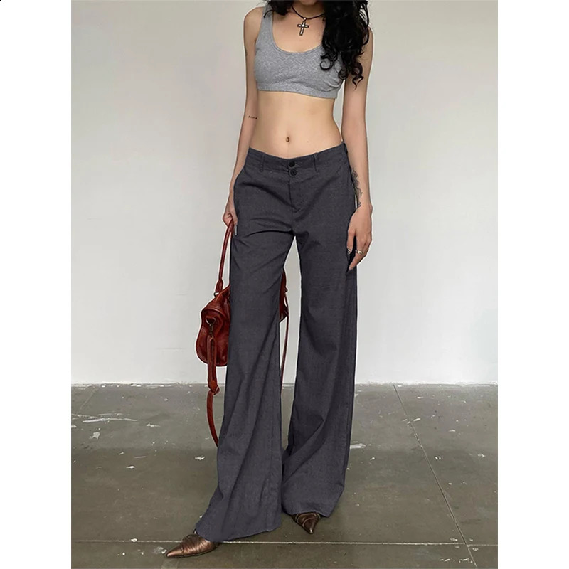 Summer Women Fashion Grey Suit Pants Streetwear 2000s Low Rise Button Up Loose Casual Pants Vintage y2k Trousers Korean Grunge 240821