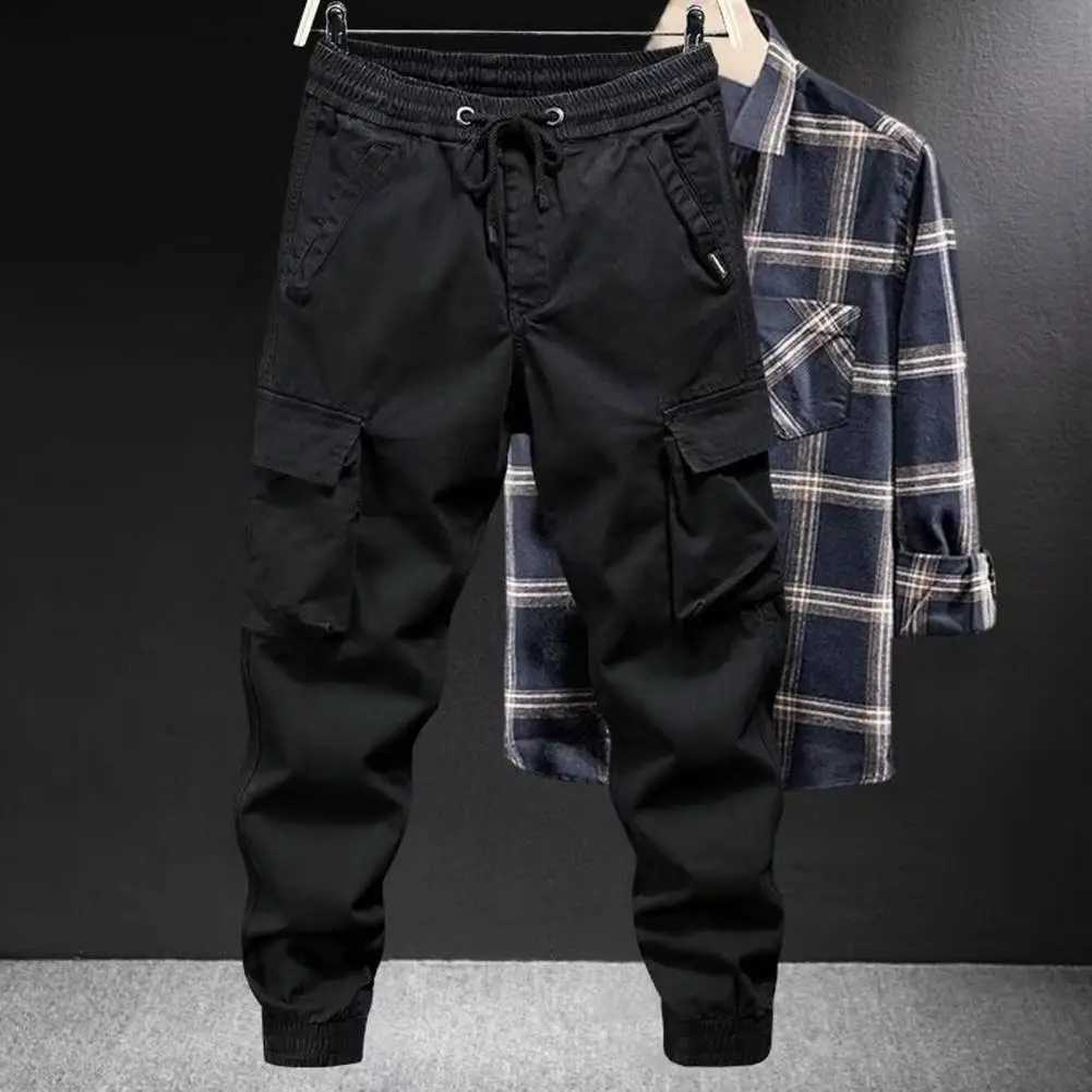 Loose Straight Pants Mens Drawstring Cargo Pants with Elastic Waist Multi Pockets Ankle-banded Design for Daily Sports LX241107