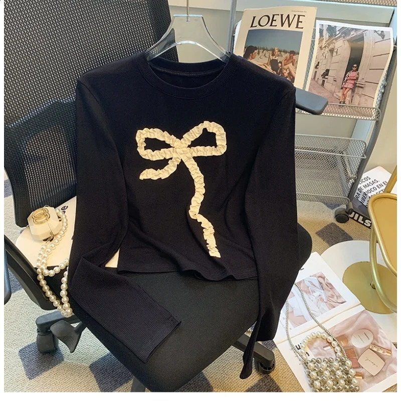 Spring Bow Oneck Knitted Top for Women 2000s Fashion Retro Loose Pulling Strapless Y2k Grunge Long Sleeve Black Sweater 240821