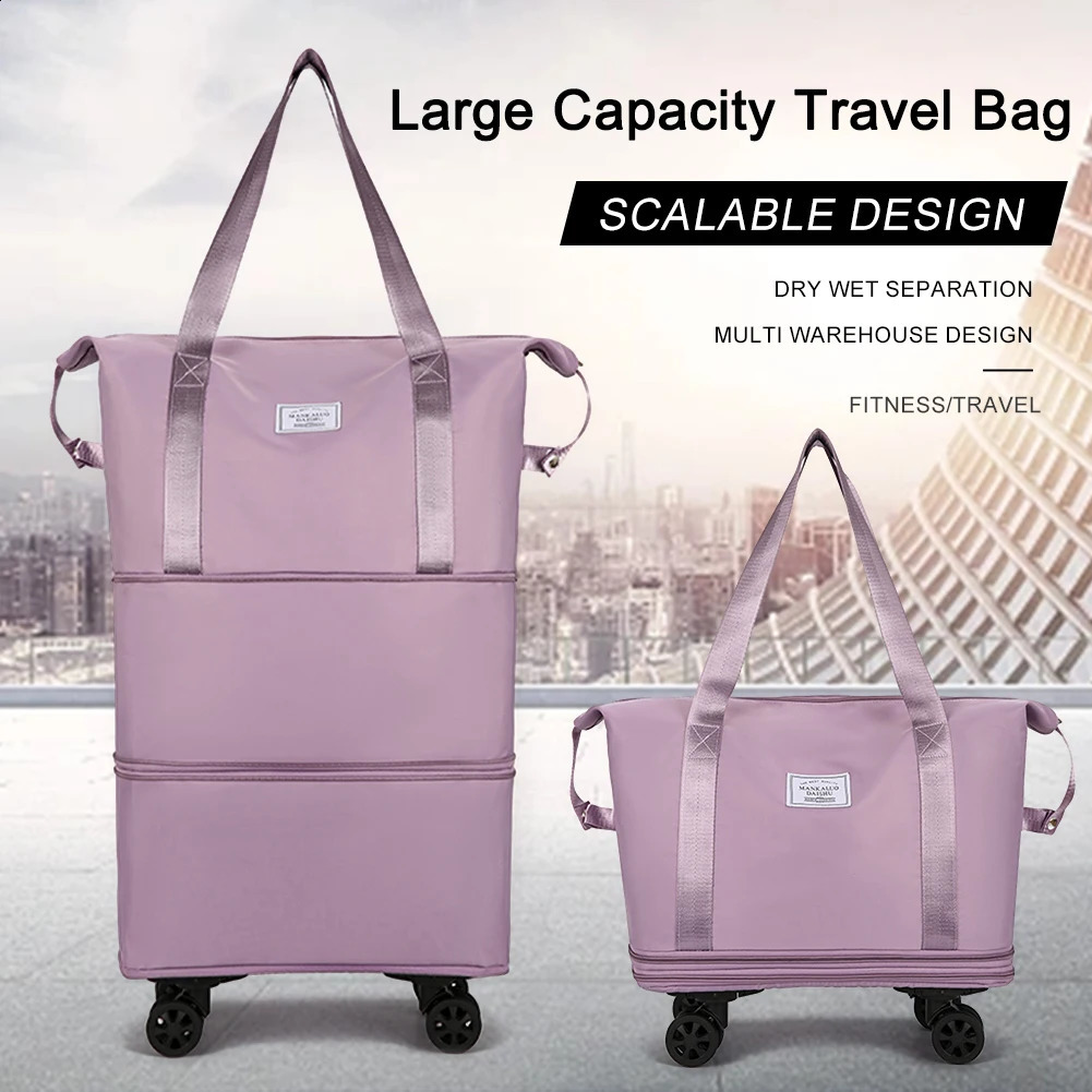 Foldable luggage bag with wheels lightweight large capacity Oxford cloth dry wet separation outdoor weekend bag 240821